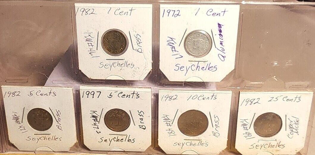 6 Seychelles Coins, 1, 5, 10, 25 Cents. 1972 to 1997 Coins. 11-11