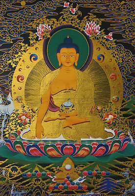 14"silk Brocaded Blessed Golden Wood Scroll Tibetan Thangka: Buddha Shakyamuni